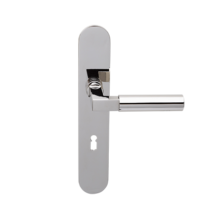 Deurkruk Bauhaus nikkel op ovaal geveerd schild met sleutelgat